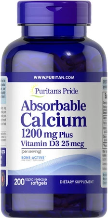 Puritan's Pride Absorbable Calcium + Vitamin D3 na wsparcie kości i zębów 200 kaps.