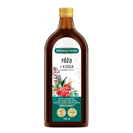 Premium Rosa − Sok z owoców dzikiej róży + 4 zioła − 500 ml