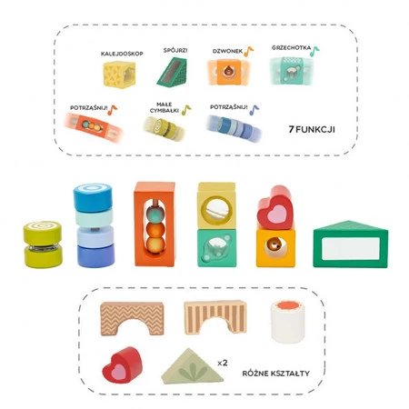 Classic World − Drewniane klocki sensoryczne 8 funkcji, układanka multifunkcyjna kształty dźwięk 18 el.