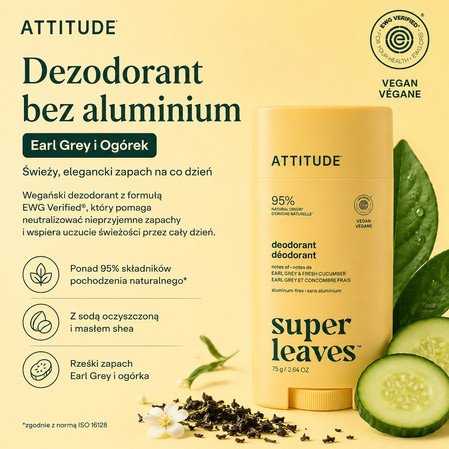 Attitude Super Leaves, Dezodorant w sztyfcie, Earl Grey i świeży ogórek, 75 g