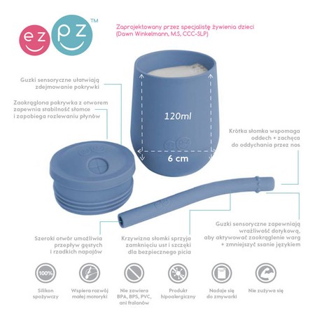 EZPZ Silikonowy kubeczek ze słomką Mini Cup + Straw Training System 120 ml ciemny niebieski