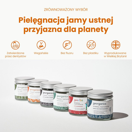 Georganics, Mineralna pasta do zębów w słoiku, bez fluoru, do codziennej pielęgnacji, smak pomarańczowy, 60 ml