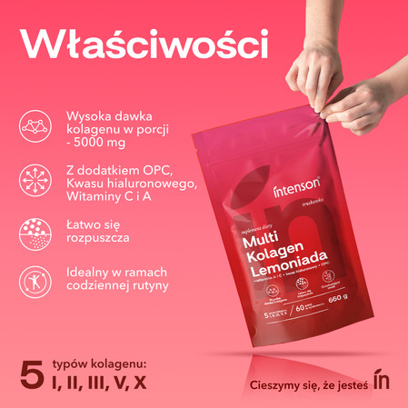 Zestaw Intenson: 1x Multi Kolagen Lemoniada Witamina C, Kwas Hialuronowy o smaku truskawka 220g i 1x Kreatyna Monohydrat smak mango-marakuja 260g