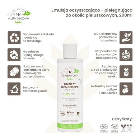 Alphanova Bebe Bio, Emulsja oczyszczająca z kompleksem pielęgnacyjnym do okolic pieluszkowych, 200ml