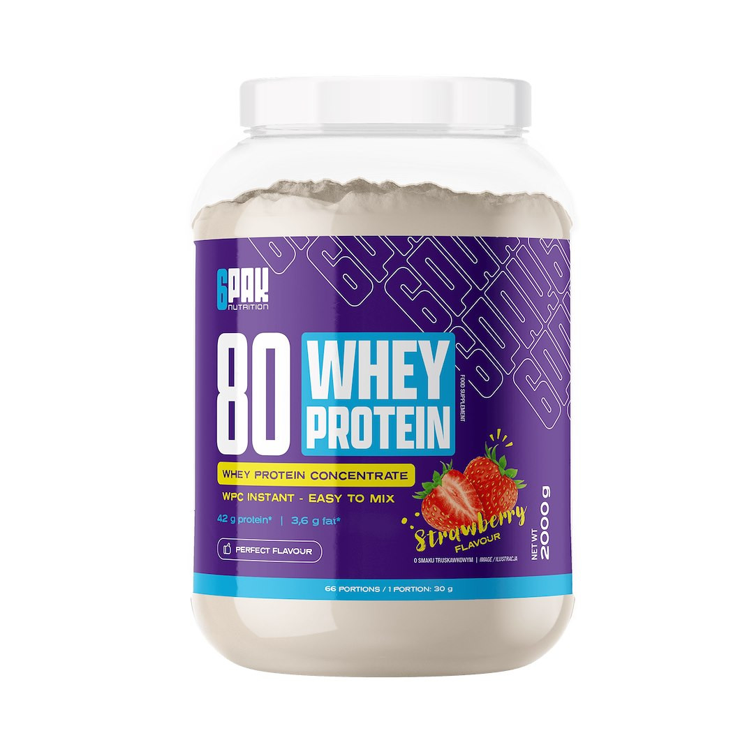 6PAK 80 WHEY PROTEIN odżywka białkowa koncentrat serwatki 2000g smak truskawka - Nabea.pl