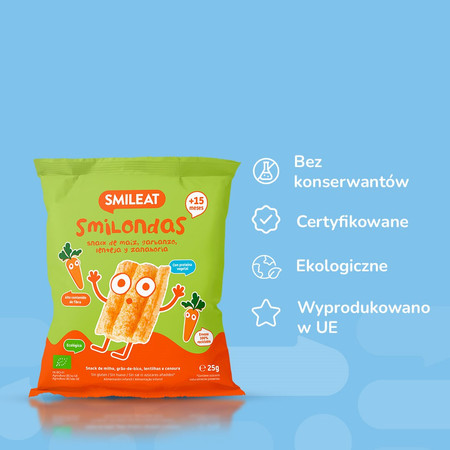 Smileat, Bio Smilondas, Chrupki z ciecierzycy, kukurydzy i soczewicy, marchewkowe 15m+, 25 g