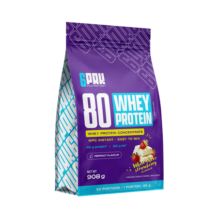 6PAK 80 WHEY PROTEIN odżywka białkowa WPC 908 g smak biała czekolada - truskawka