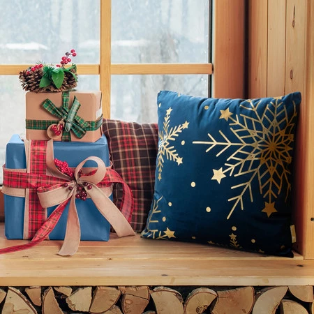 świąteczna poszewka welwetowa z ozdobnym nadrukiem foliowym szerokość: 45 cm, długość: 45 cm, kolor: granatowy