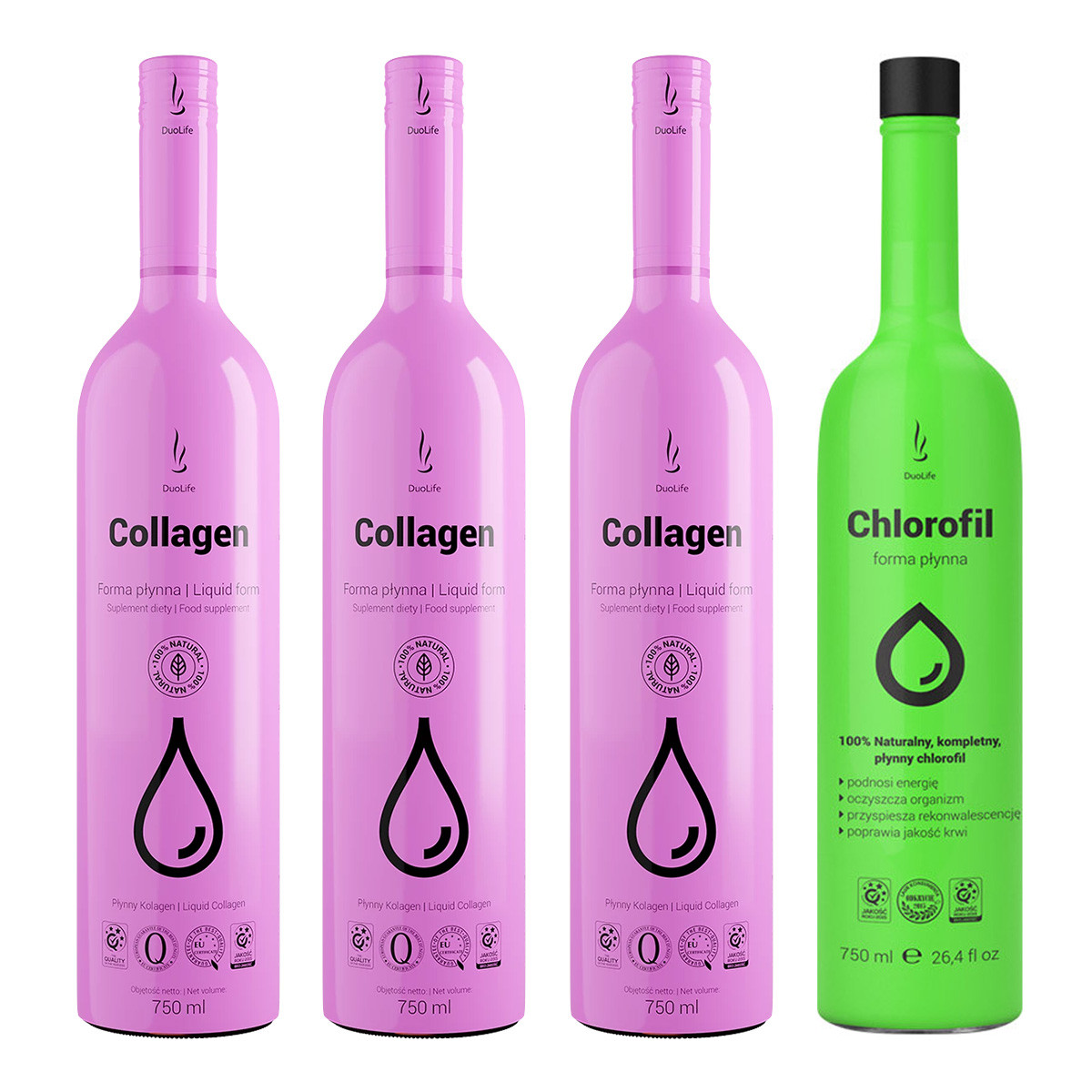 Zestaw mix DuoLife: 3x Kolagen w płynie 750ml oraz 1x Chlorofil w płynie 750ml - Nabea.pl