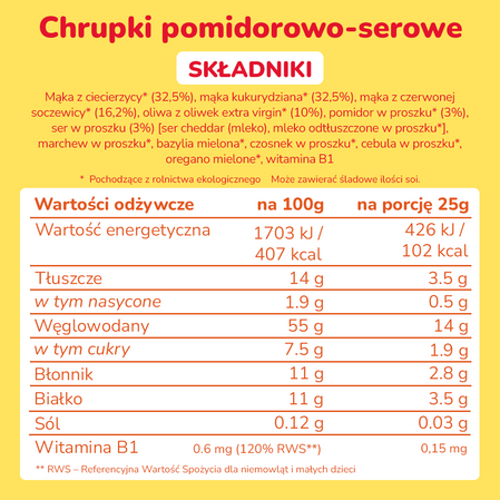 Smileat, BIO Smilondas, Chrupki z ciecierzycy, kukurydzy i soczewicy, pomidorowo-serowe 15m+, 25 g