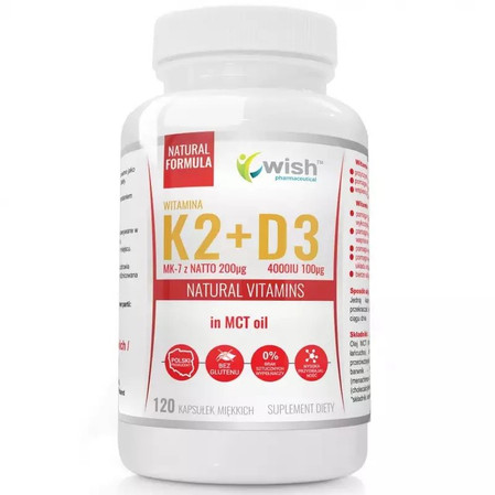 Wish Witamina K2MK-7 2000µg + D3 100µg 4000IU w oleju MCT 120 kaps.