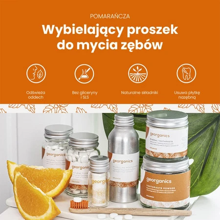 Georganics, Mineralny proszek do mycia zębów z naturalnym składem, do codziennej pielęgnacji, smak pomarańczowy, 60 ml