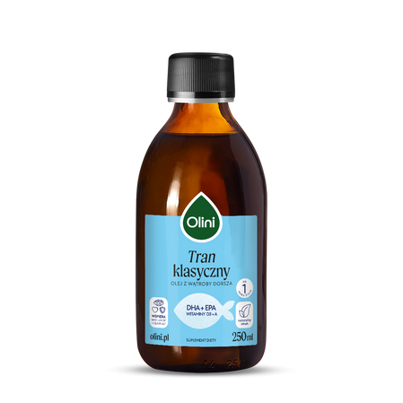 Olini Tran 100% olej z wątroby dorsza atlantyckiego (Gadus morhua) kwasy EPA i DHA 250 ml