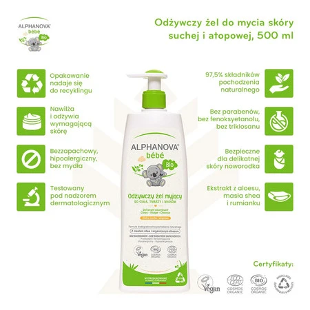Alphanova Bebe Bio, Odżywczy żel myjący dla dzieci 3 w 1, do skóry suchej i atopowej, 500 ml