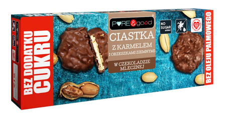 Pure & Good Ciastka z karmelem i z orzechami ziemnymi w czekoladzie mlecznej bez dodatku cukru 128g