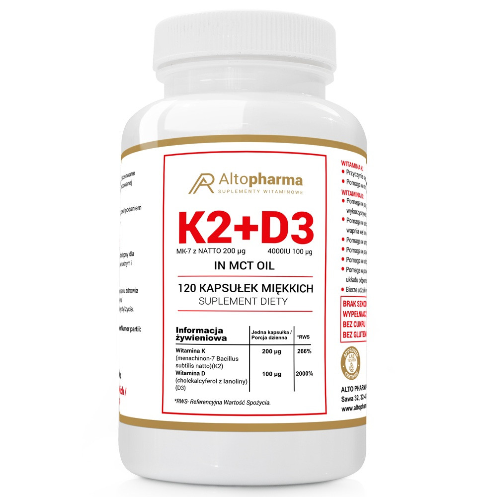 Altopharma Witamina K2MK7 200μg + D3 100μg 4000IU w oleju MCT 120 kaps. - Nabea.pl