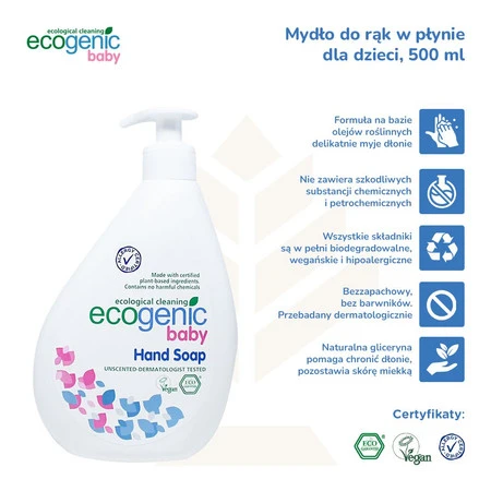 Ecogenic Baby, Mydło do rąk w płynie dla dzieci z pompką, bezzapachowe, 500 ml