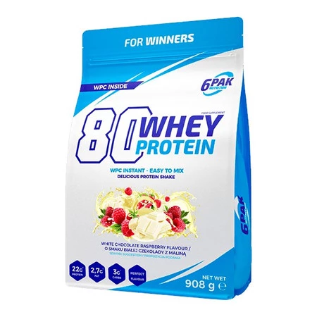 6PAK 80 WHEY PROTEIN odżywka białkowa WPC 908g smak biała czekolada z malinami
