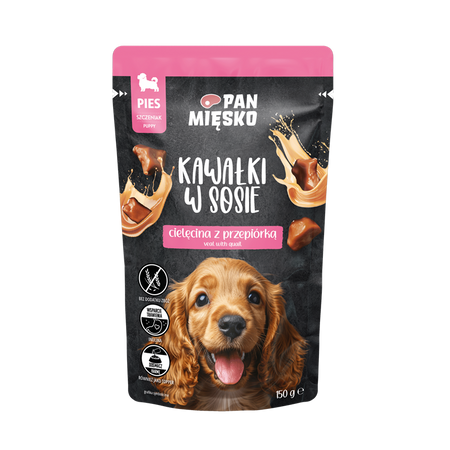Pan Mięsko  Kawałki w sosie Cielęcina z przepiórką - Karma mokra dla psa - szczeniaka - 150g