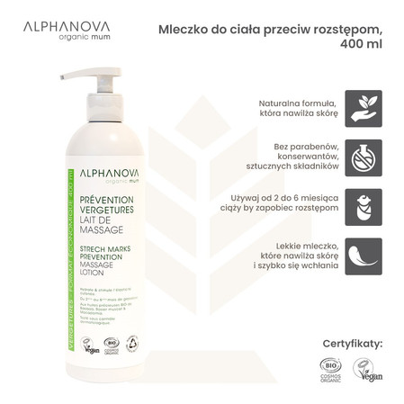 Alphanova Organic Mum, Mleczko do ciała wspierające elastyczność i nawilżenie, 400 ml