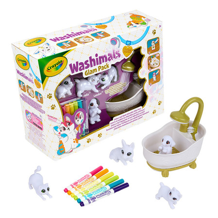 Crayola Figurki do malowania i mycia - zestaw zwierzątka 4 szt, flamastry zmywalne 6 szt., szczoteczka, wanna Washimals Kotki Glam 3+