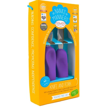 Nana's Manners, ETAP 3, Sztućce do samodzielnego jedzenia, widelec i nóż, fioletowe, 3-9 lat