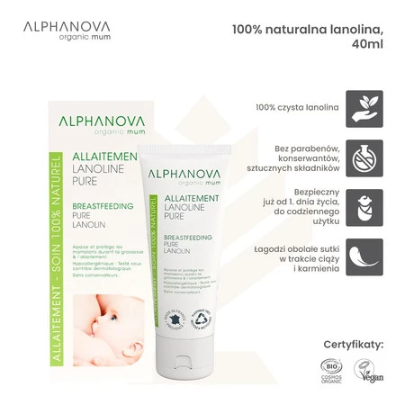Alphanova Organic Mum, Lanolina na brodawki, 100% naturalna, 40 ml