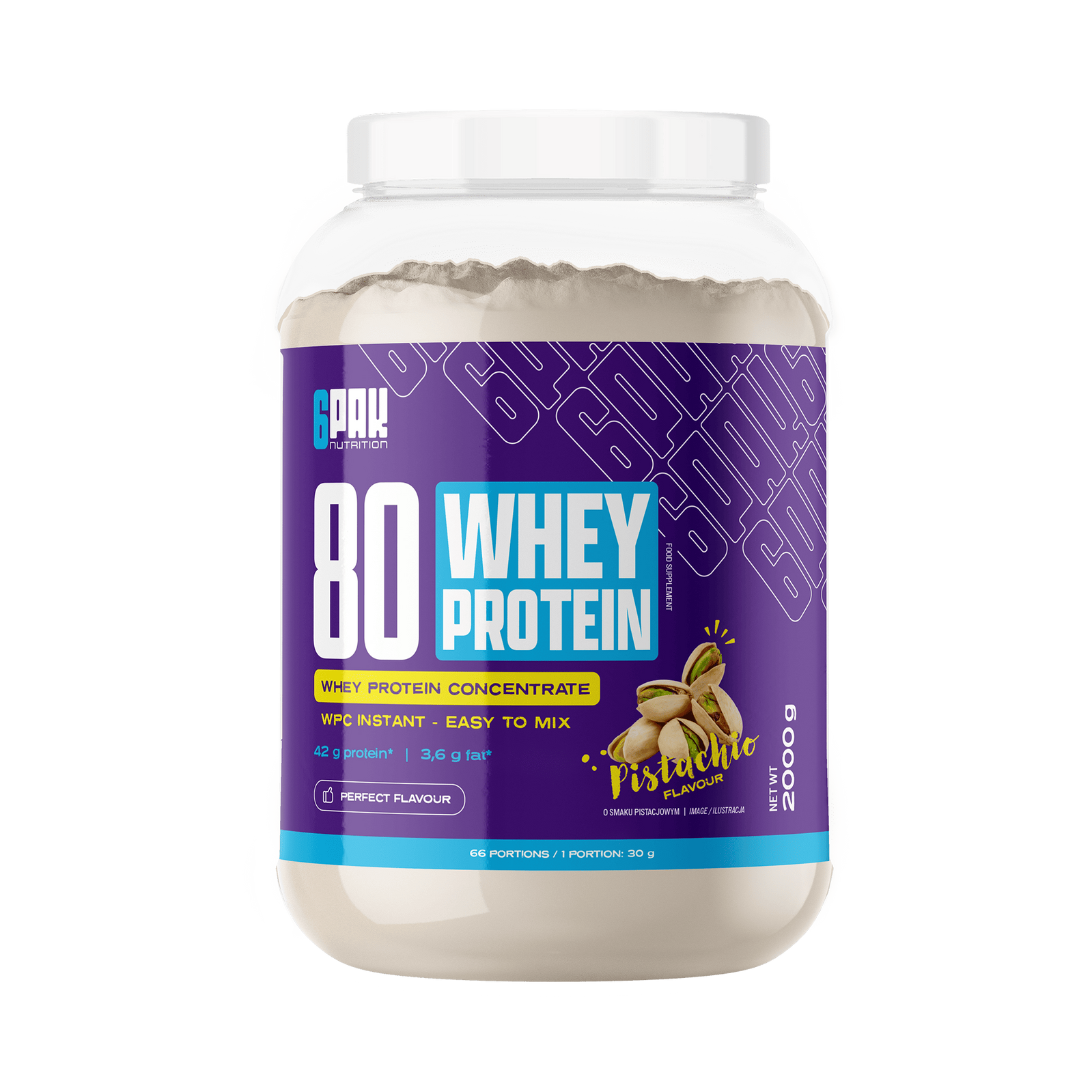 6PAK 80 WHEY PROTEIN odżywka białkowa koncentrat 2000g smak pistacja - Nabea.pl