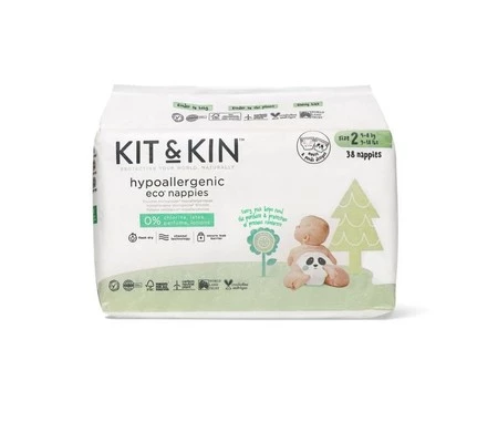 Zestaw: 5x Kit and Kin, Biodegradowalne Pieluszki Jednorazowe 2 Midi (4-8kg), Myszka/Panda, 38 szt.