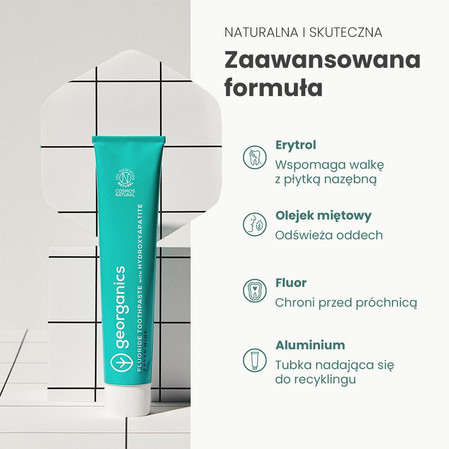 Georganics, Naturalna, remineralizująca pasta do zębów, z hydroksyapatytem i fluorem, do codziennej pielęgnacji i na świeży oddech, smak świeżej mięty, 75 ml