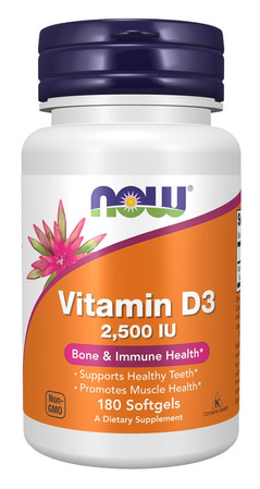 NOW FOODS Witamina D3 2500 IU na wsparcie mięśni i układu kostnego 180 kaps.