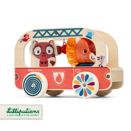 Lilliputiens Drewniany wózek do ciągnięcia Wóz strażacki Lew Jack 12 m+