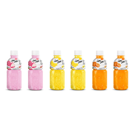 Zestaw mix smaków Jumi Jumi: 2x Napój liczi z nata de coco 320 ml, 2x Napój banan z nata de coco 320 ml i 2x Napój pomarańcza z nata de coco 320ml