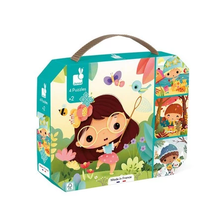 Janod Puzzle progresywne w walizce Pory roku 4 układanki – 6, 9, 12 i 16 elementów 2+, Made in France (stary indeks: J02658)