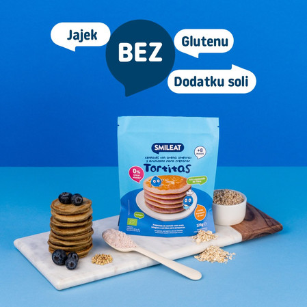 Smileat, BIO Tortitas, Mieszanka z pełnoziarnistych płatków owsianych i jagód do naleśników , +8m, 125g