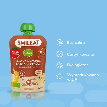 Smileat, BIO Mus z migdałami, kakao i truskawkami 9m+, 100g