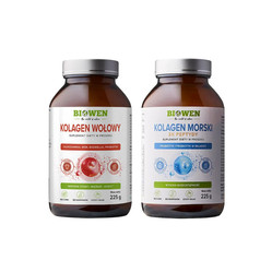 Zestaw Biowen: 1x Kolagen Morski 3X Peptydy proszek 225 g i 1x Kolagen wołowy typu I II III proszek 225 g
