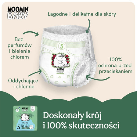 Muumi Baby, Jednorazowe pieluchomajtki ekologiczne dla dzieci, rozmiar 5 (10-15kg), 38 szt.