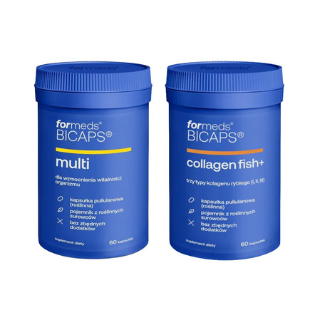 Zestaw mix Formeds Bicaps: 1x Collagen Fish+ mix kolegenów 60 kaps. i 1x Multi kompleks witamin i składników mineralnych 60 kaps.
