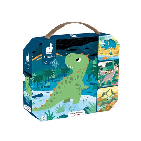 Janod Puzzle progresywne w walizce Dinozaury 4 układanki – 6, 9, 12 i 16 elementów 2+, Made in France (stary indeks: J02657)