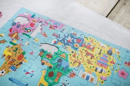 Mudpuppy Puzzle Mapa Świata z elementami w kształcie budynków i zwierząt 5+