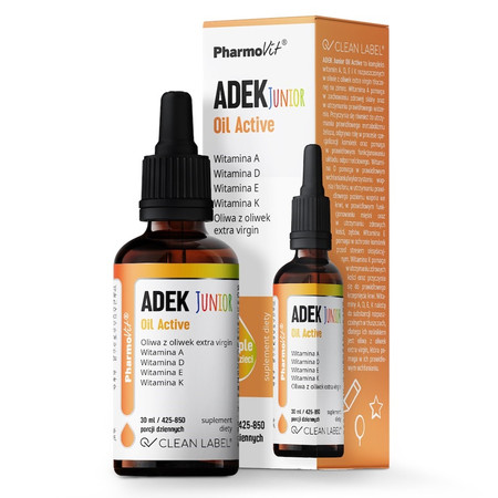 WITAMINA ADEK JUNIOR DLA DZIECI W KROPLACH (300 mcg + 10 mcg + 4 mg + 20 mcg) 30 ml - PHARMOVIT (CLEAN LABEL)