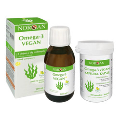 Zestaw Norsan: 1x Omega-3 z olejem z alg roślinnych 100 ml smak cytryna Vegan i 1x Omega-3 roślinny olej z Alg 80 vege kaps.