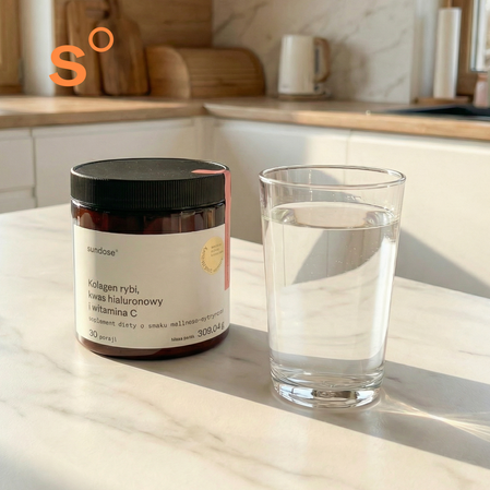 Sundose For Skin Anti-Aging na wsparcie prawidłowej produkcji kolagenu 309g smak malina cytryna