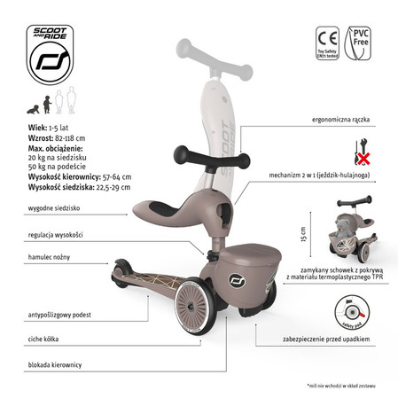 SCOOTANDRIDE Highwaykick 1 Lifestyle 2w1 Jeździk i hulajnoga z zamykanym schowkiem 1-5 lat Brown Lines