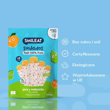 Smileat, BIO Smilados, Mus owocowy do mrożenia o smaku gruszki i brzoskwini, idealny na ząbkowanie 6m+, 5x50g