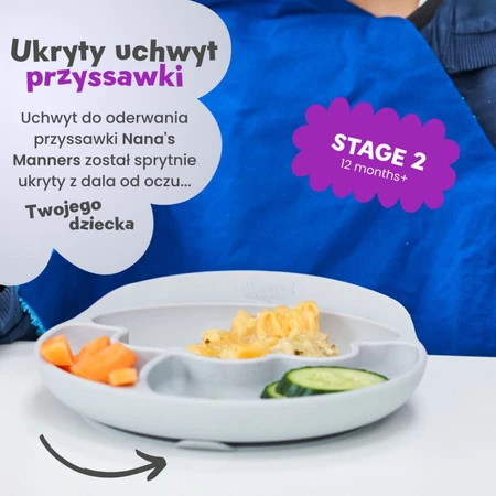 Nana's Manners, ETAP 2, Talerz silikonowy trójdzielny z przyssawką, szary