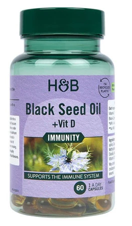 Holland & Barrett Black Seed Oil + Vit D Olej z nasion czarnego kminu + Witamina D na wsparcie odporności 60 kaps.