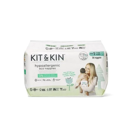 Kit and Kin, Biodegradowalne Pieluszki Jednorazowe 1 Mini (2-5kg), Owieczka/Sówka, 38 szt.