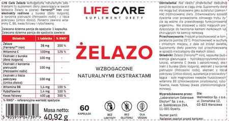 Life Care Żelazo wzbogacone naturalnymi ekstraktami 60 kaps.